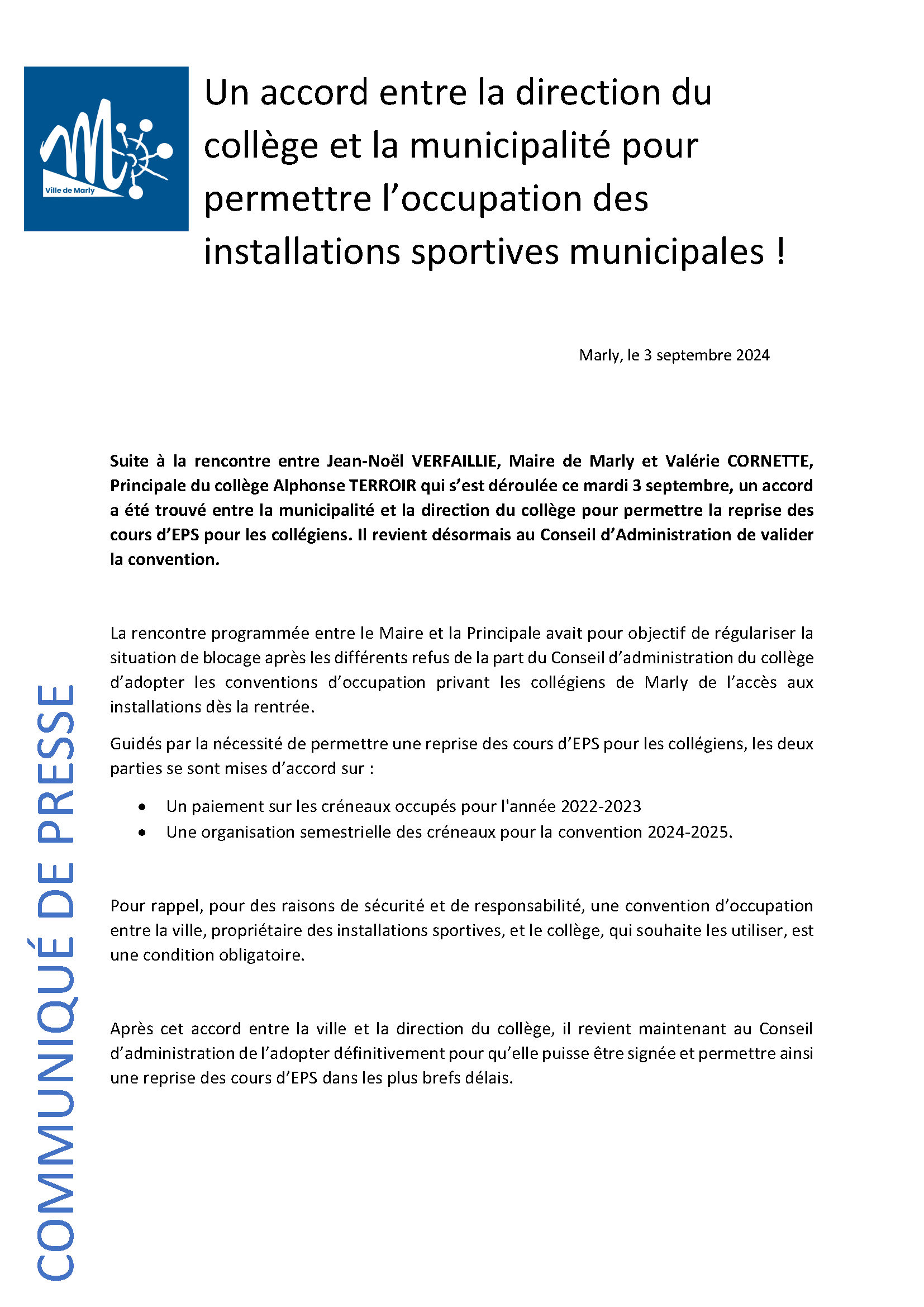 Un accord entre la direction du collège et la municipalité pour permettre l’occupation des installations sportives municipales !