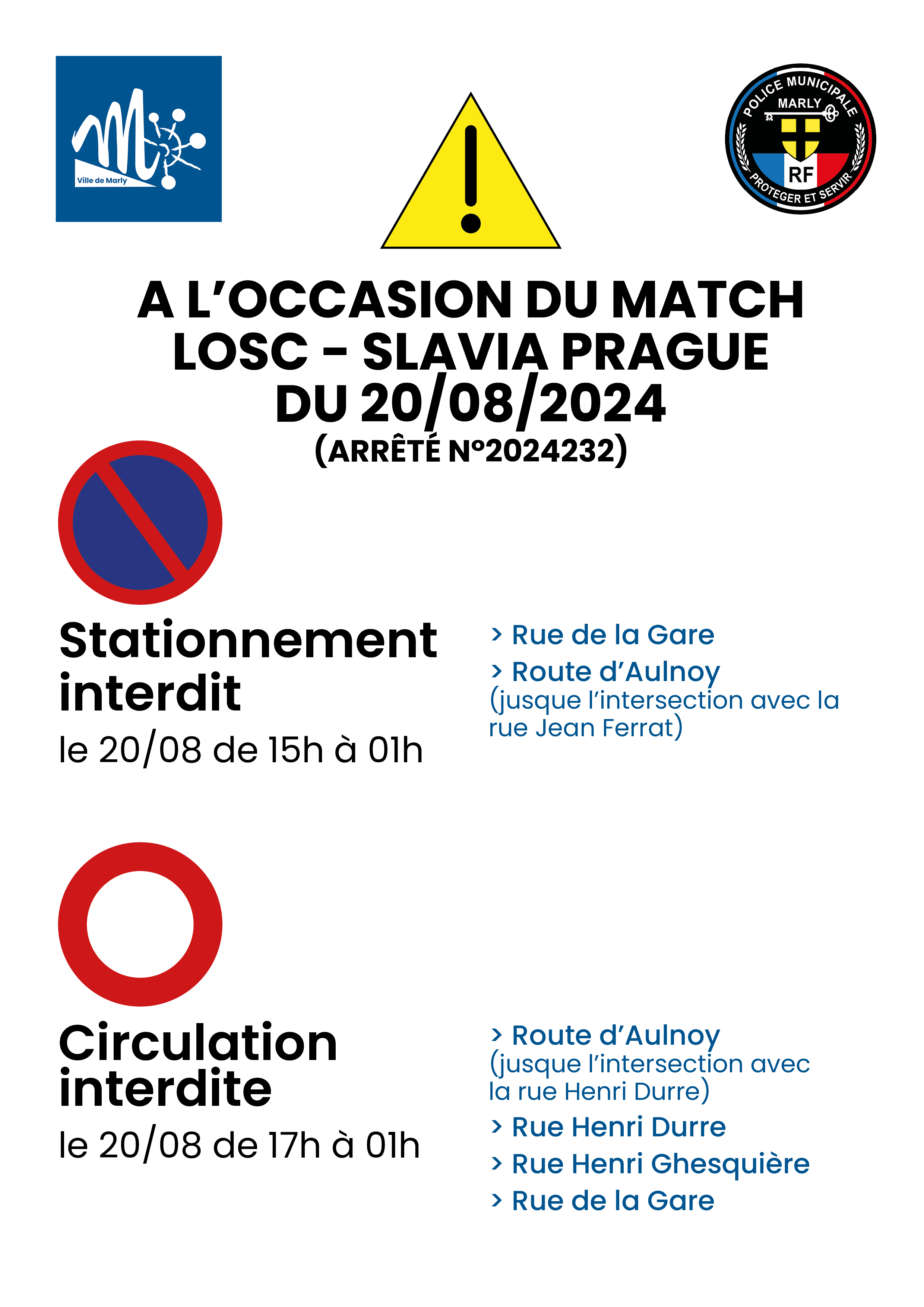 Arrêté concernant la circulation et le stationnement dans le cadre du match LOSC - Slavia Prague