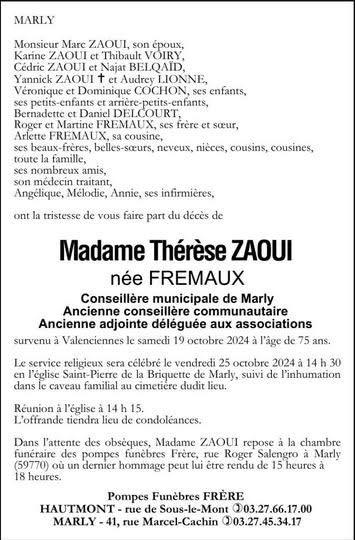 Décès de Madame Thérère Zaoui.